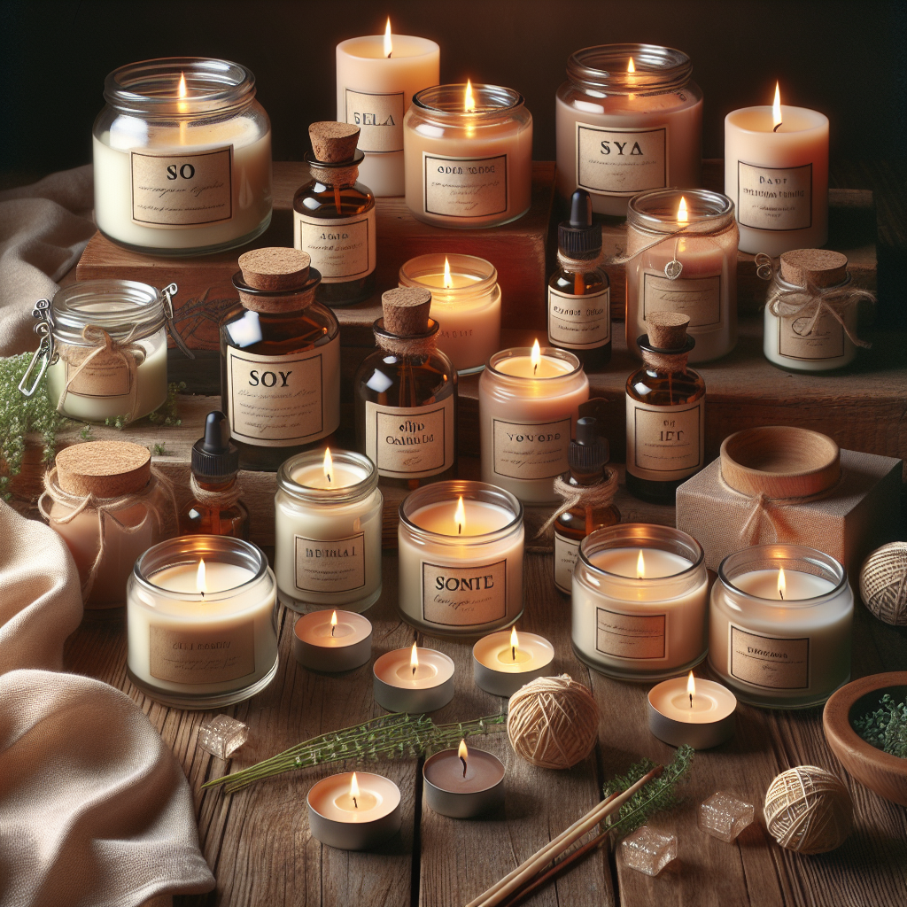 A realistic collection of soy candles on a wooden table in a cozy setting.