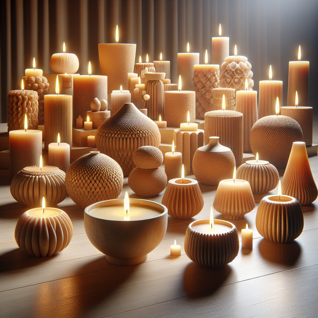 A realistic depiction of aesthetically arranged soy candles of various shapes and sizes, some lit with a warm glow.