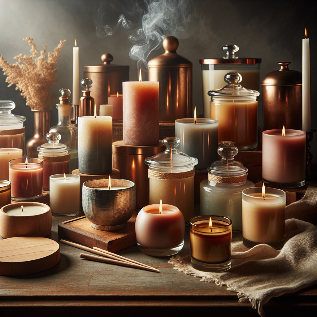 A collection of the strongest smelling scented candles in various sizes, shapes, and colors on a wooden table.