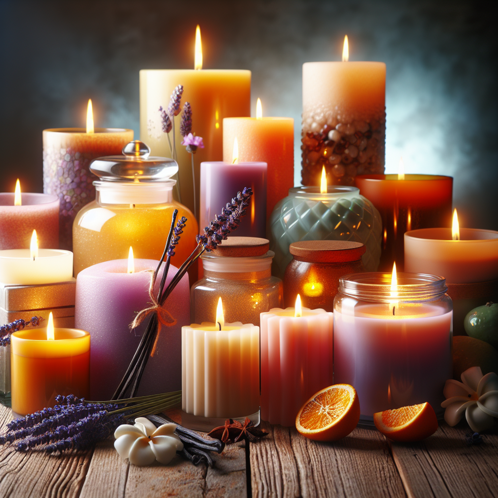 A collection of lit, strong-smelling scented candles in various shapes and colors, displayed in a cozy setting.