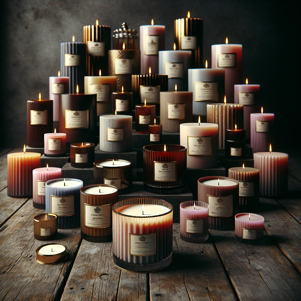 Realistic depiction of luxury artisan candles arranged on a rustic wooden surface.