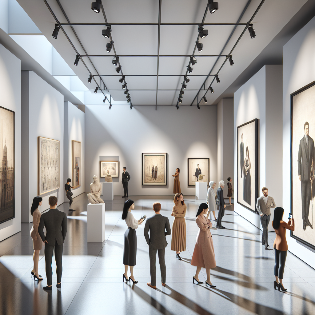 Interior of a modern, sophisticated art gallery with visitors admiring various artworks.
