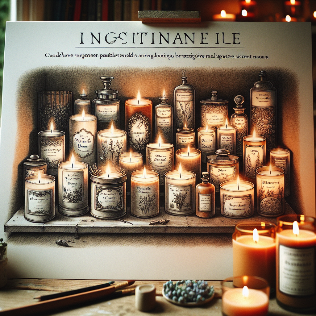 A collection of uniquely labeled scented candles in a cozy room setting.
