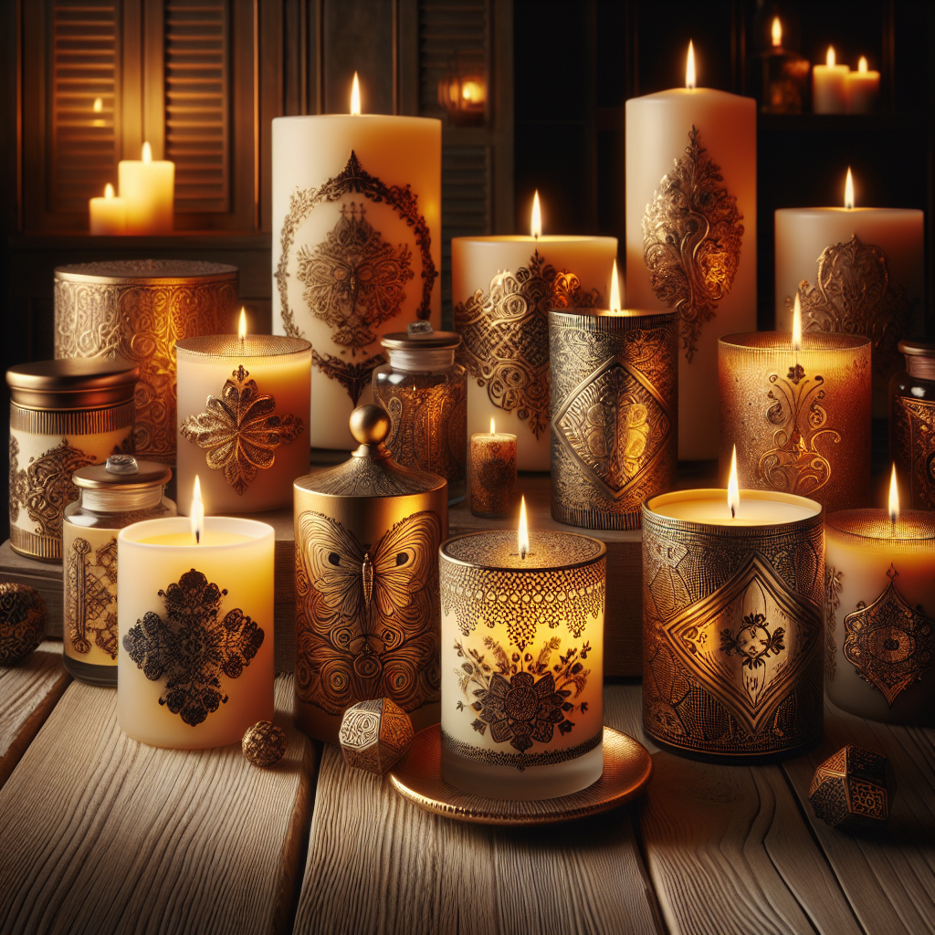 Various uniquely scented candles in a cozy, ambient setting.