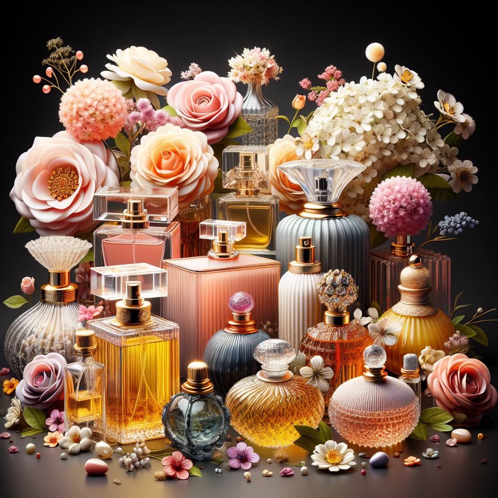An elegant arrangement of various scent bottles and flowers in a realistic style, showcasing intricate details and lifelike textures.