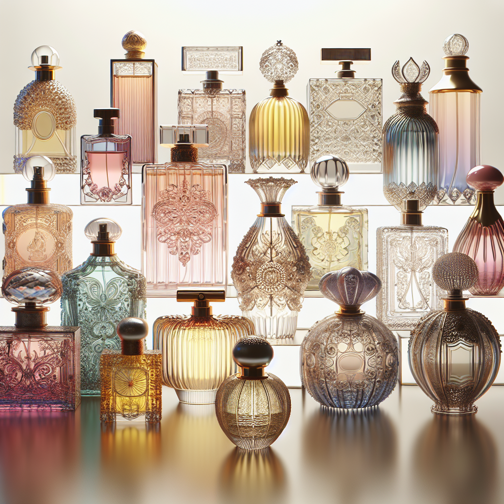A realistic depiction of various perfume bottles showcasing different designs.