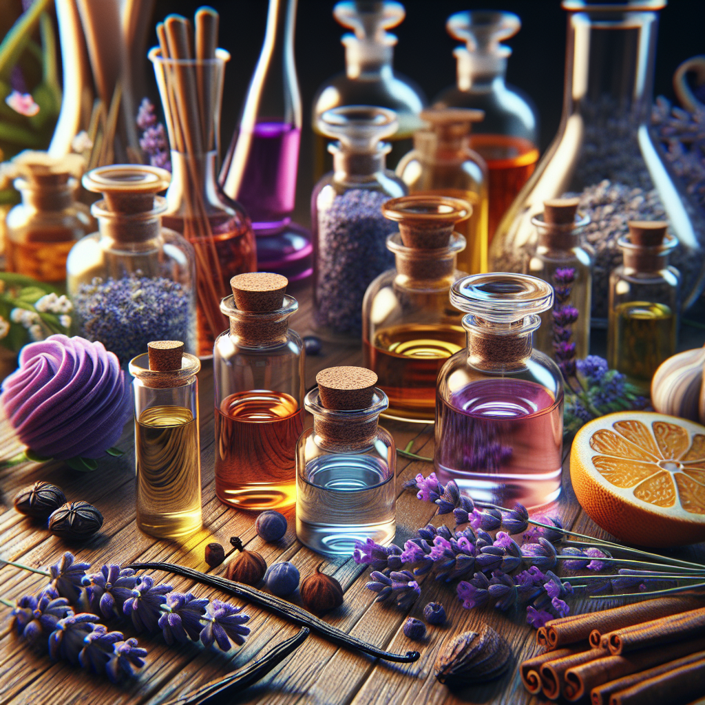 A realistic image of a perfumer's workspace with essential oils and raw materials for creating scent combinations.