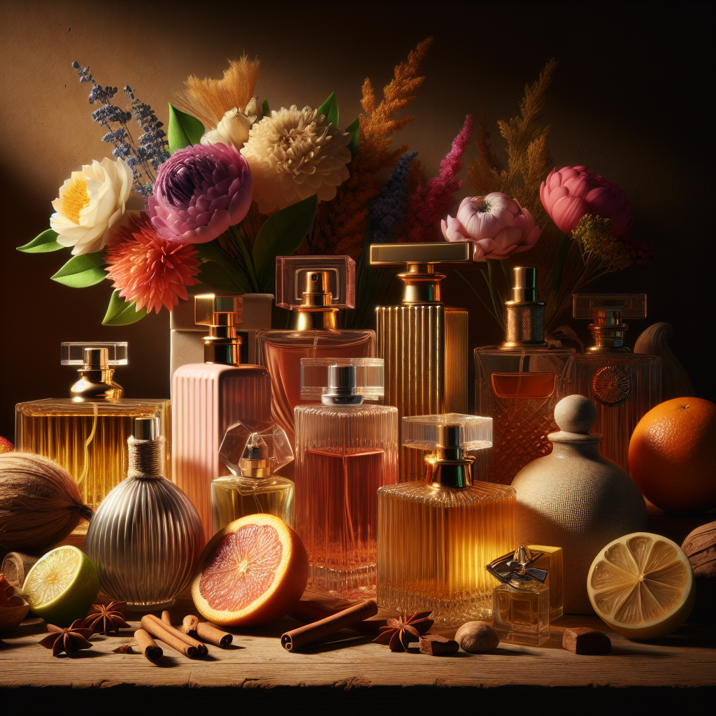 A realistic depiction of perfume bottles and scent ingredients.