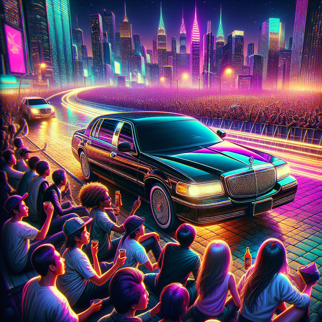 A realistic image of a luxury car at concert transportation service with a vibrant crowd of concertgoers.