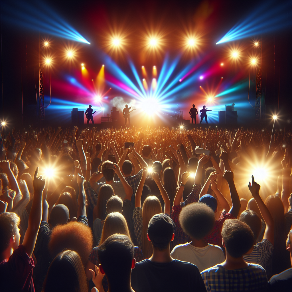 A vibrant, realistic image of a live concert with an energetic crowd and performing band.