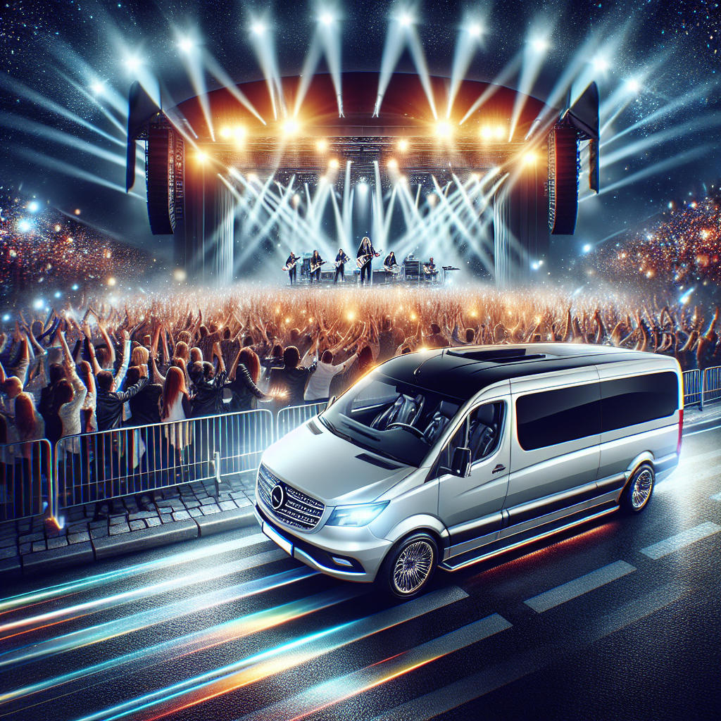 A realistic image of a modern transportation service at a lively concert venue.