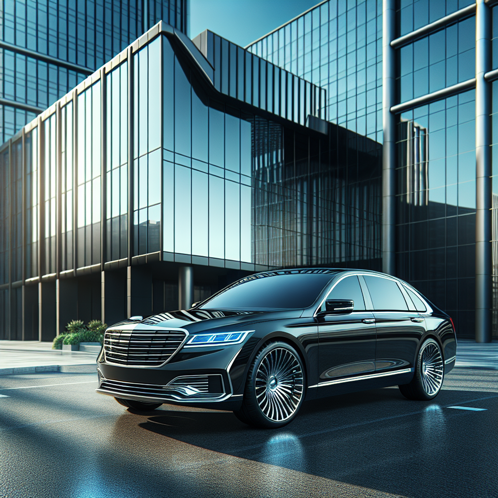 Black luxury corporate car parked in front of a modern glass building.