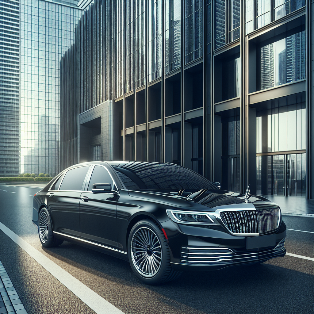 A black luxury sedan parked in front of a modern office building for corporate transportation.