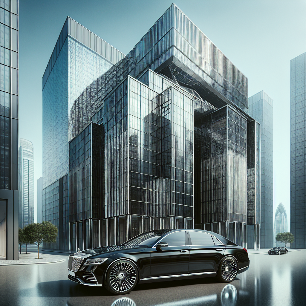 Black luxury sedan parked in front of a modern office building.