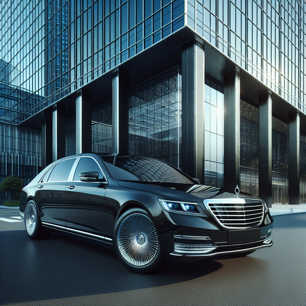 An image of a black luxury sedan used for corporate transportation, parked in front of a modern building.