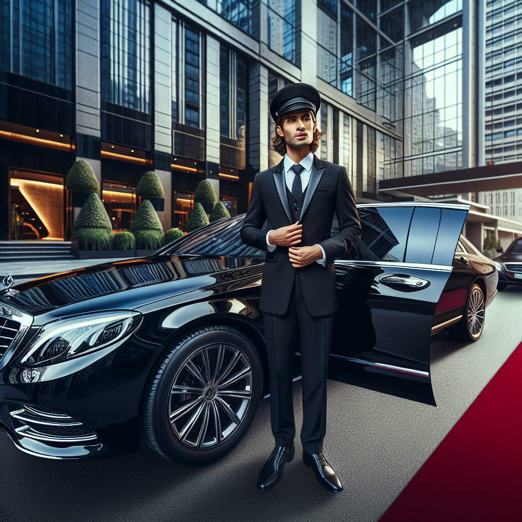 Realistic image of a premium chauffeur service with a professional driver and a luxurious black sedan in front of an upscale hotel.