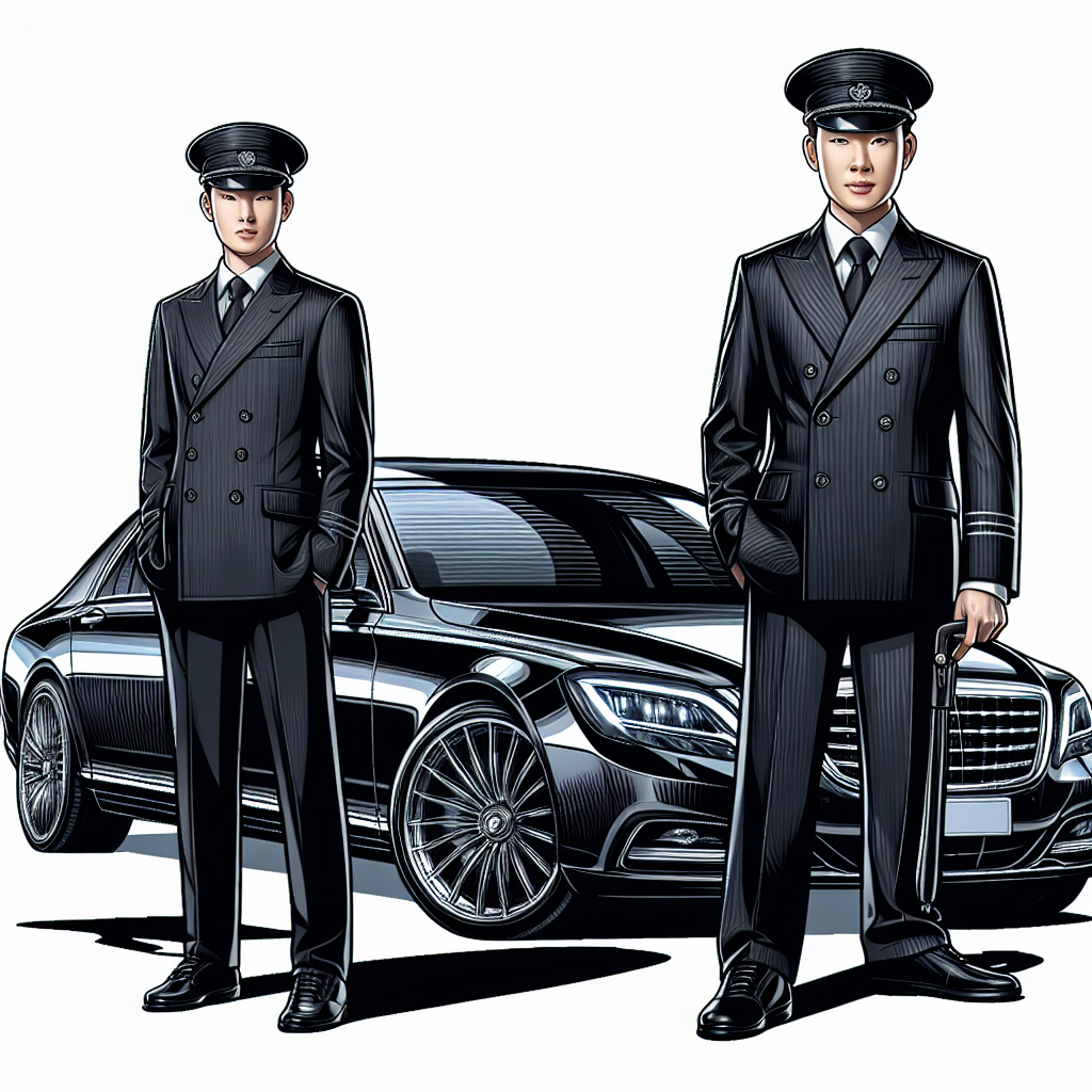 Realistic image of a chauffeur beside a luxury black car, ready for passenger.