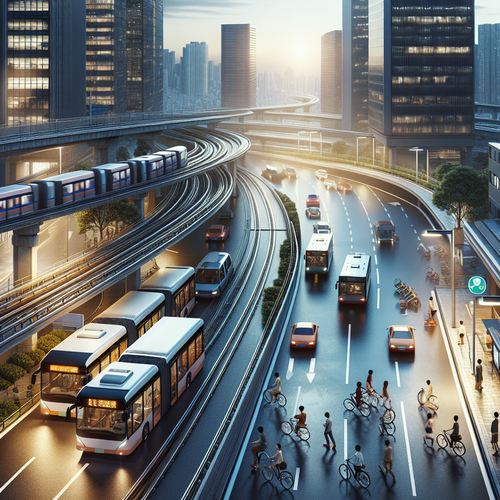 A busy urban transportation system with various modes of transport, captured in a realistic style.