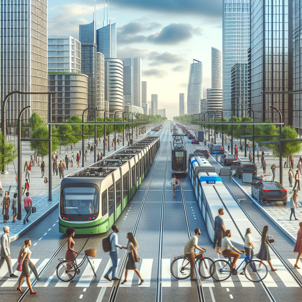 A realistic urban transportation system with buses, trams, bicycles, and pedestrians.