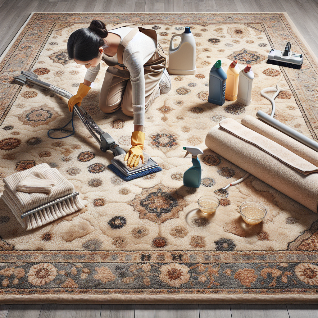 Professional carpet cleaner working on a woolen carpet, using eco-friendly products and modern equipment, demonstrating the contrast between the cleaned and dirty areas.