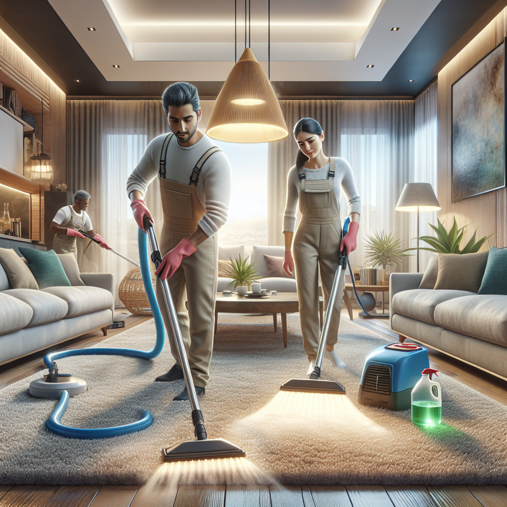 Professionals performing expert carpet cleaning in a modern living room, with advanced equipment and eco-friendly products, showing the refreshed fabric of the carpet in a luxurious home environment.