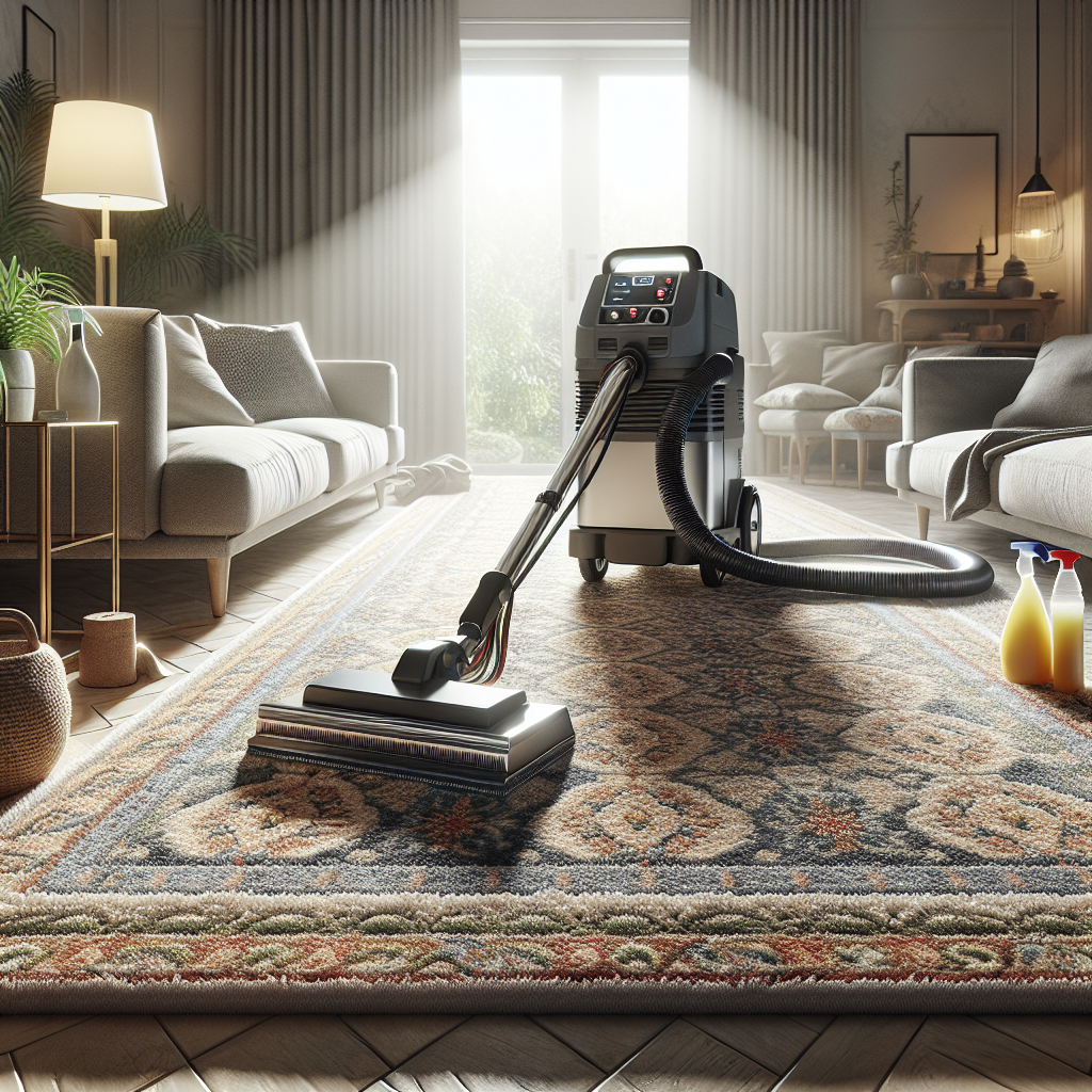 A professional carpet cleaning setup with a steam cleaner and eco-friendly products on a plush patterned carpet in a bright, cozy home setting.