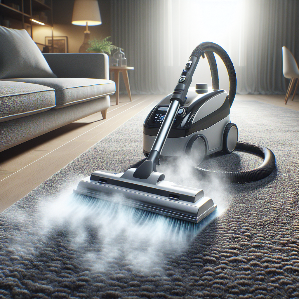 High-powered steam cleaner rejuvenating the fibers of a vibrant carpet with steam, in a bright room.