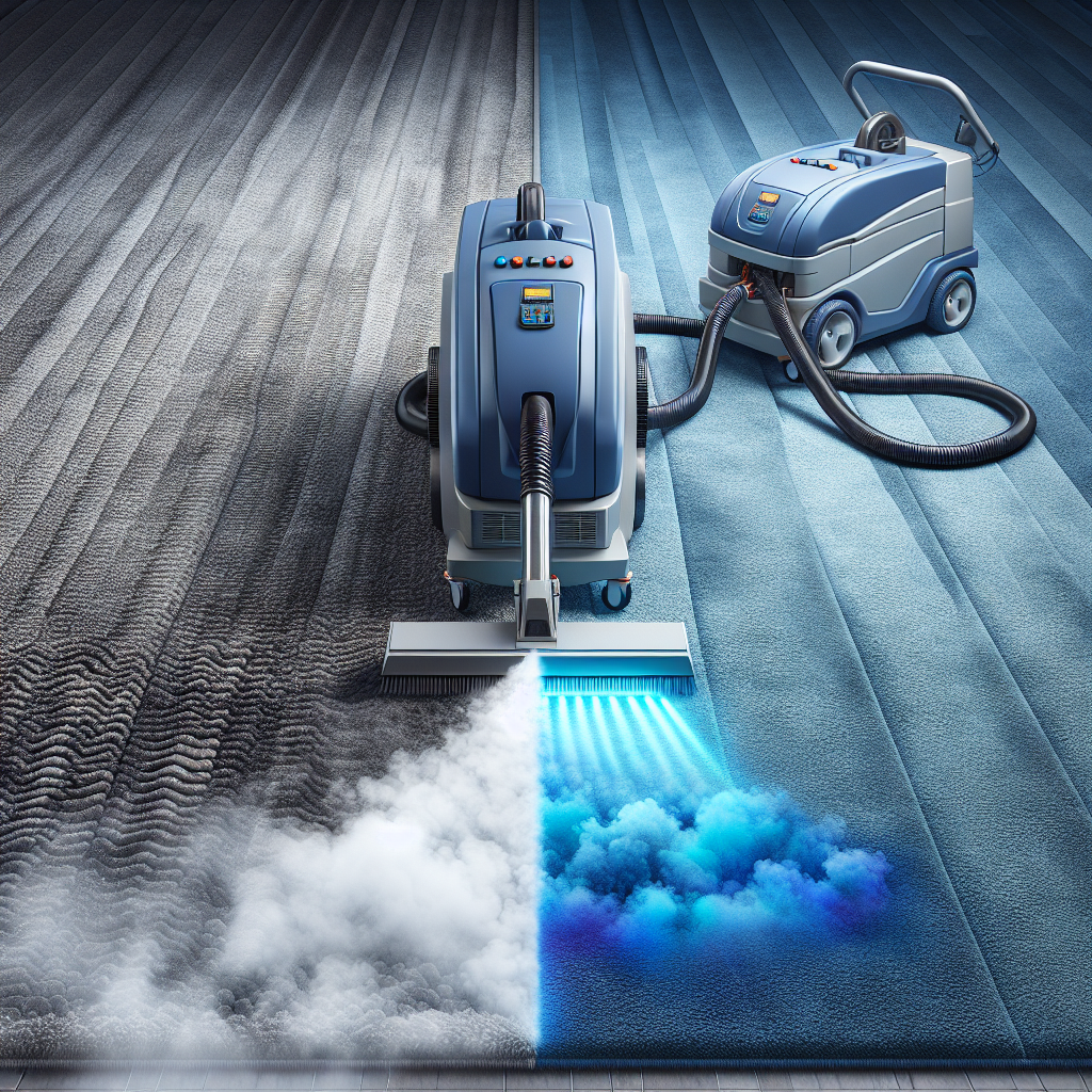 A modern steam carpet cleaner being used on a textured carpet, illustrating the contrast between the cleaned vibrant section and the untouched dull area, with indoor lighting.