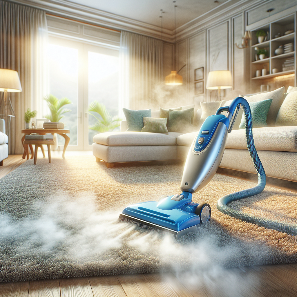 A professional blue steam carpet cleaner cleaning a beige carpet in a modern, well-lit living room, highlighting the contrast between cleaned and uncleaned sections.