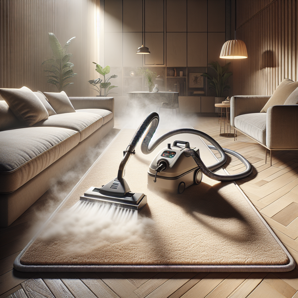 A steam cleaner machine cleaning a beige carpet in a modern living room, highlighting the cleanliness with natural lighting.