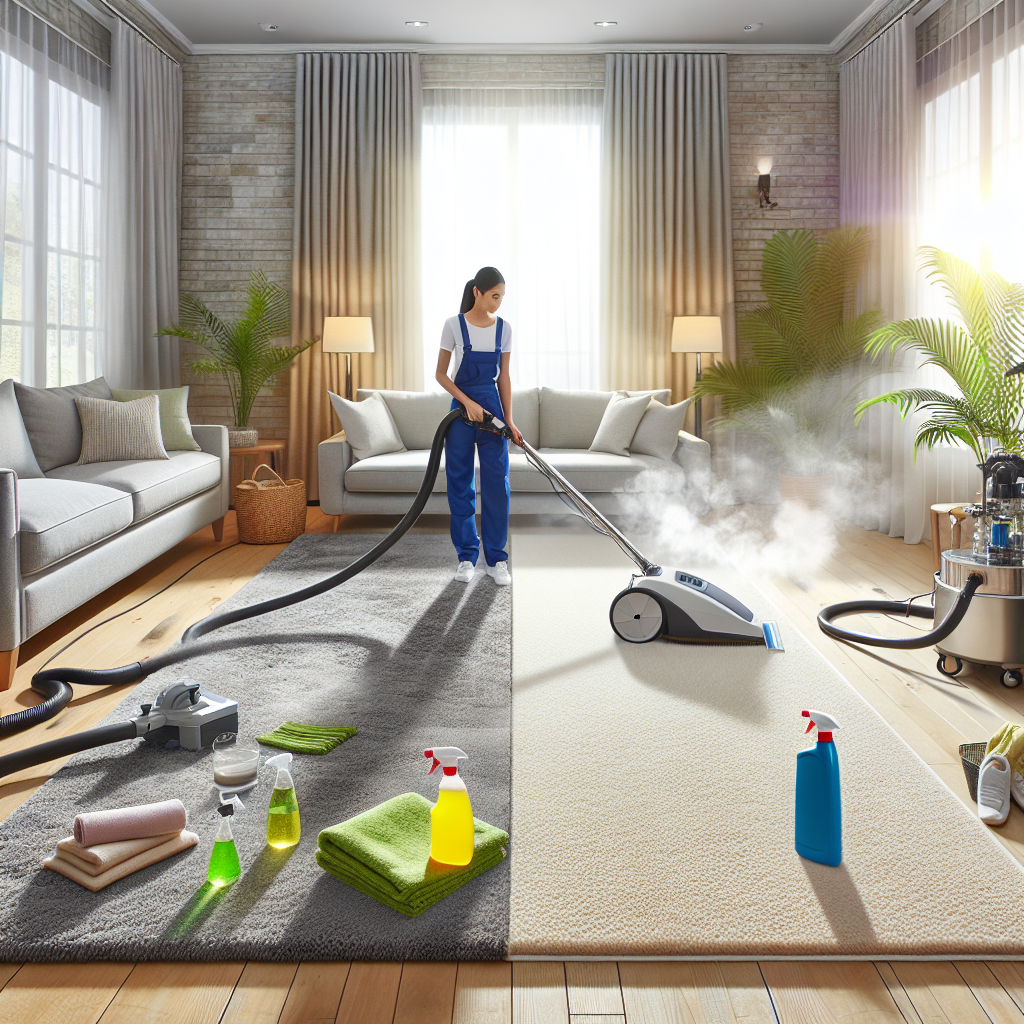 A living room during a professional eco-friendly carpet cleaning process showing a vibrant, cleaned carpet next to a dirty section, with a person using steaming equipment.