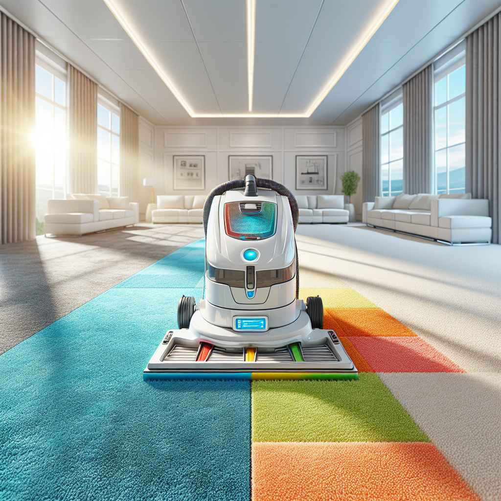 A modern carpet cleaning machine in a room with a half clean, vibrant carpet and the other half dull and dirty, showcasing the effectiveness of the service.