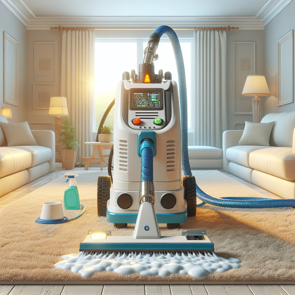 A modern carpet cleaning machine cleaning a vibrant carpet in a cozy living room, contrasting with a dirty section of the carpet.