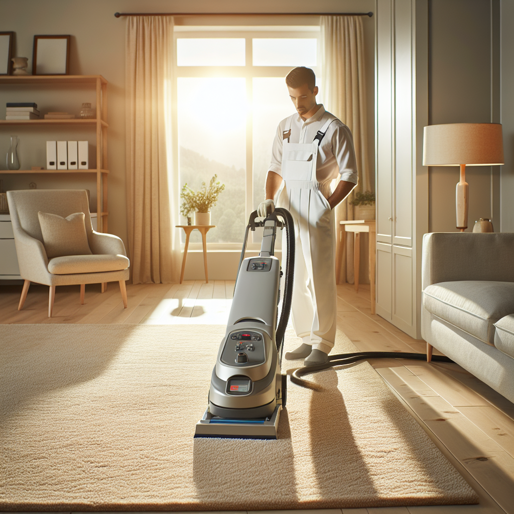 Modern room with sunlight showcasing the effectiveness of a carpet cleaning service, with half of a beige carpet cleaned by an eco-friendly cleaning machine.