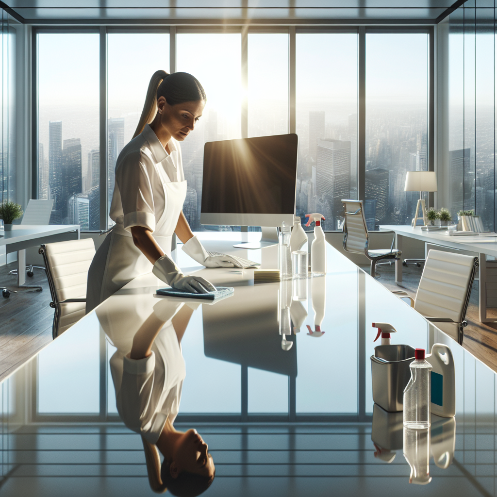 Tranquil and spotless office space being cleaned by a professional in a white uniform, with a clear view of the city through a large window.