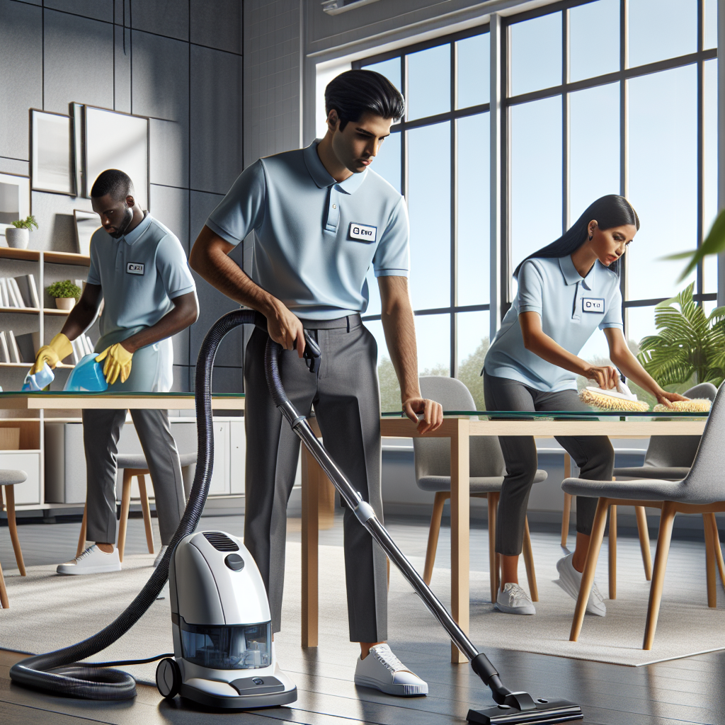 A professional cleaning team diligently working in a modern, well-lit office, performing various tasks without any visible text.