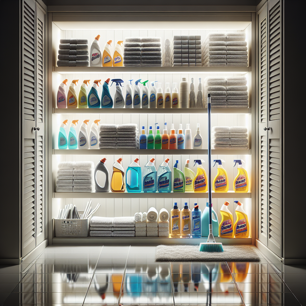 Organized cleaning supply closet with various cleaning products, fresh towels, and cleaning tools arranged neatly on shelves, reflecting the professionalism of a cleaning service.