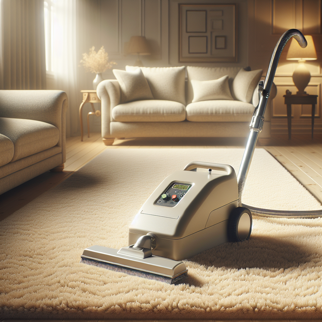 Realistic living room scene with a fresh beige carpet and a professional carpet cleaning machine, suggesting a deep cleaning process, in a cozy, warm-lit environment.