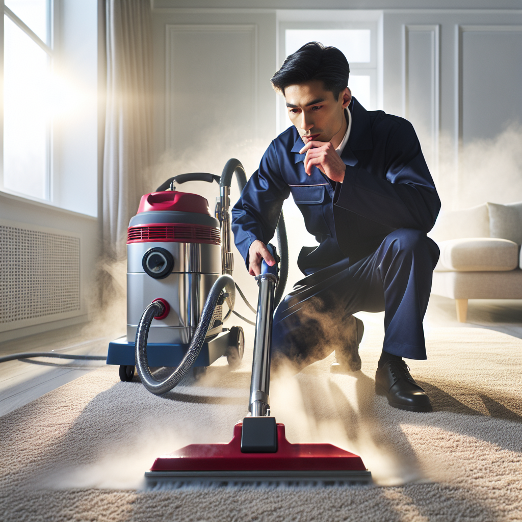 A professional cleaner in a navy blue uniform using a red and silver carpet cleaning machine on a beige carpet, showing the cleaning process with a bright room and natural lighting.