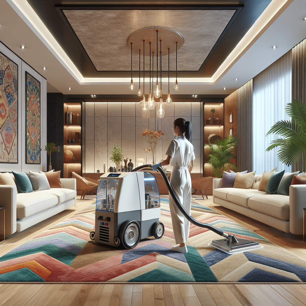 A professional carpet cleaning service in action, in a luxurious and well-furnished living room, emphasizing the cleanliness and brightness of the space after carpet treatment.