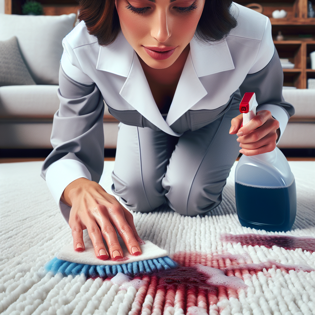 A carpet cleaning technician removing a wine stain from a white carpet, with a focus on texture and cleanliness.