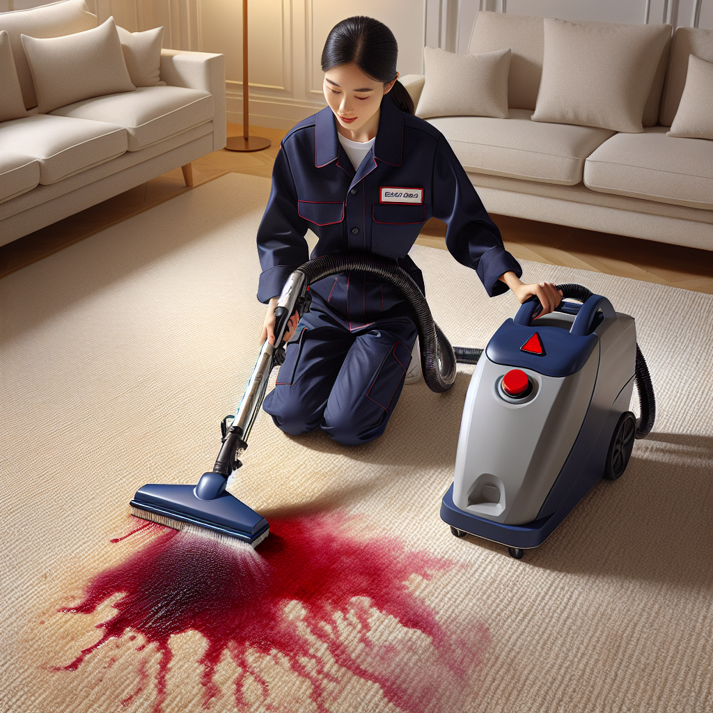 Professional carpet cleaner removing a red wine stain with a steam cleaner.