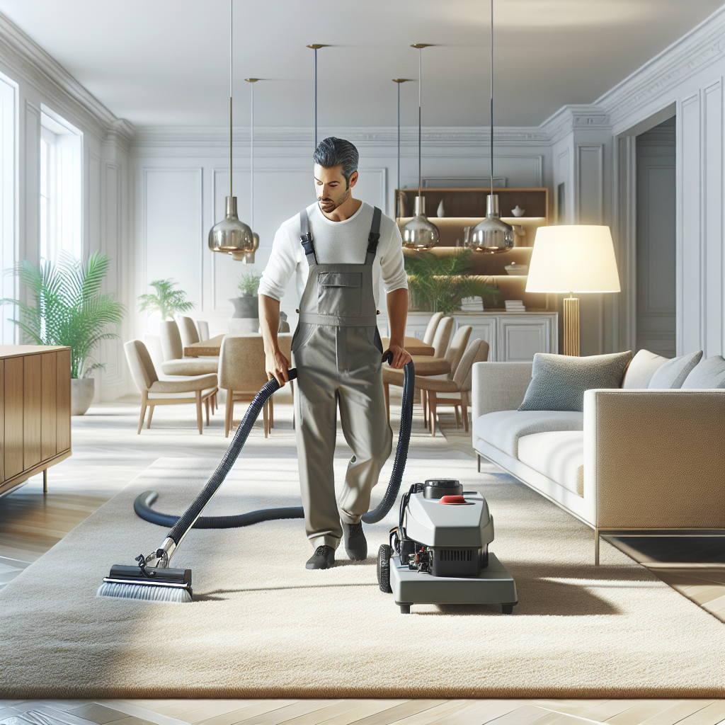 A carpet cleaning technician shampooing a beige carpet in a bright, modern living room.