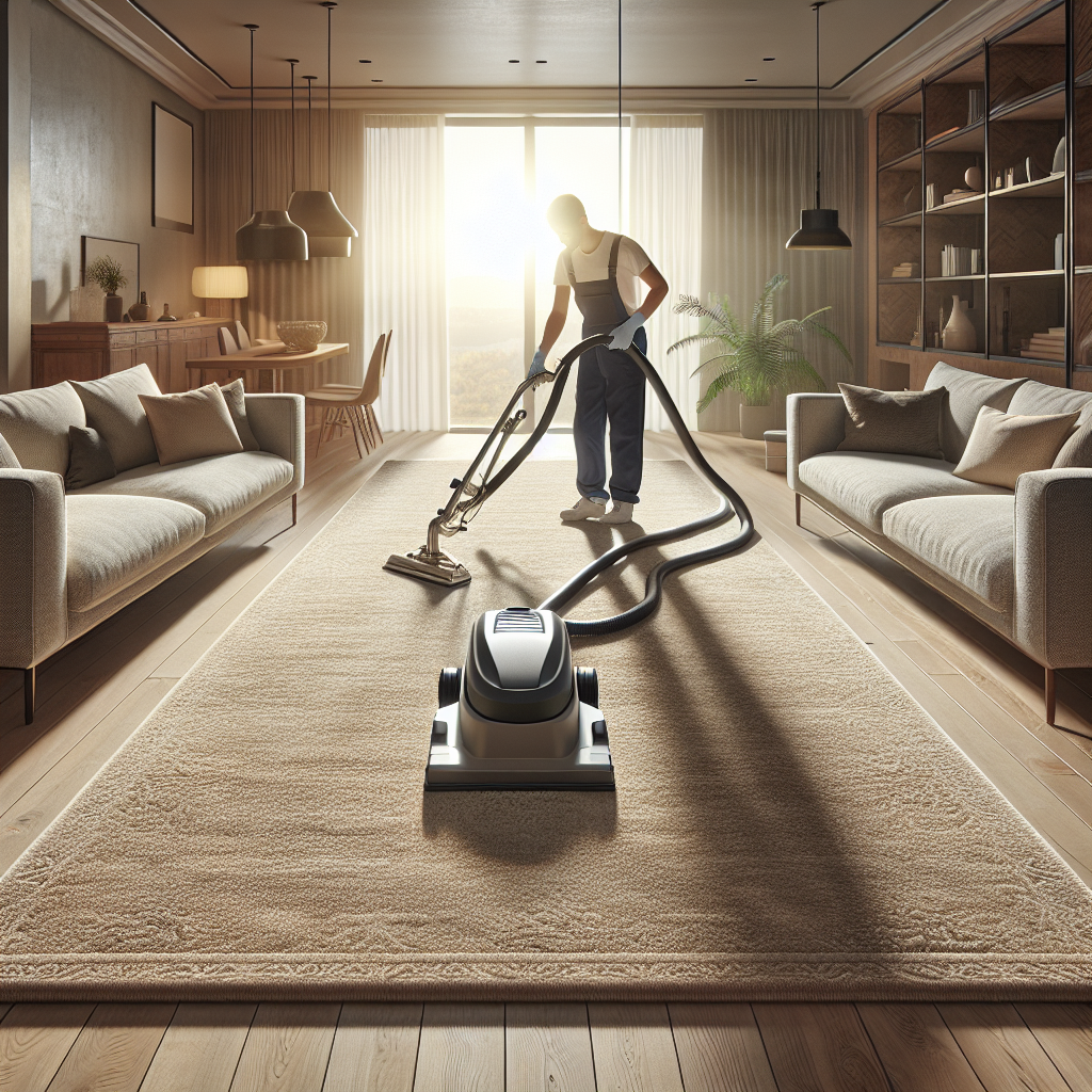 A carpet being professionally shampooed by a technician using a modern machine, showcasing the clean results on a textured beige carpet in a well-lit living room.