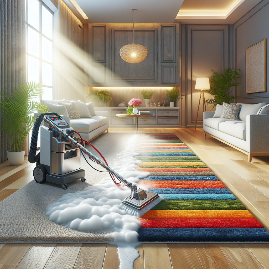 A modern living room with half of the carpet cleaned by a professional shampooing machine, emphasizing the contrast of cleanliness.