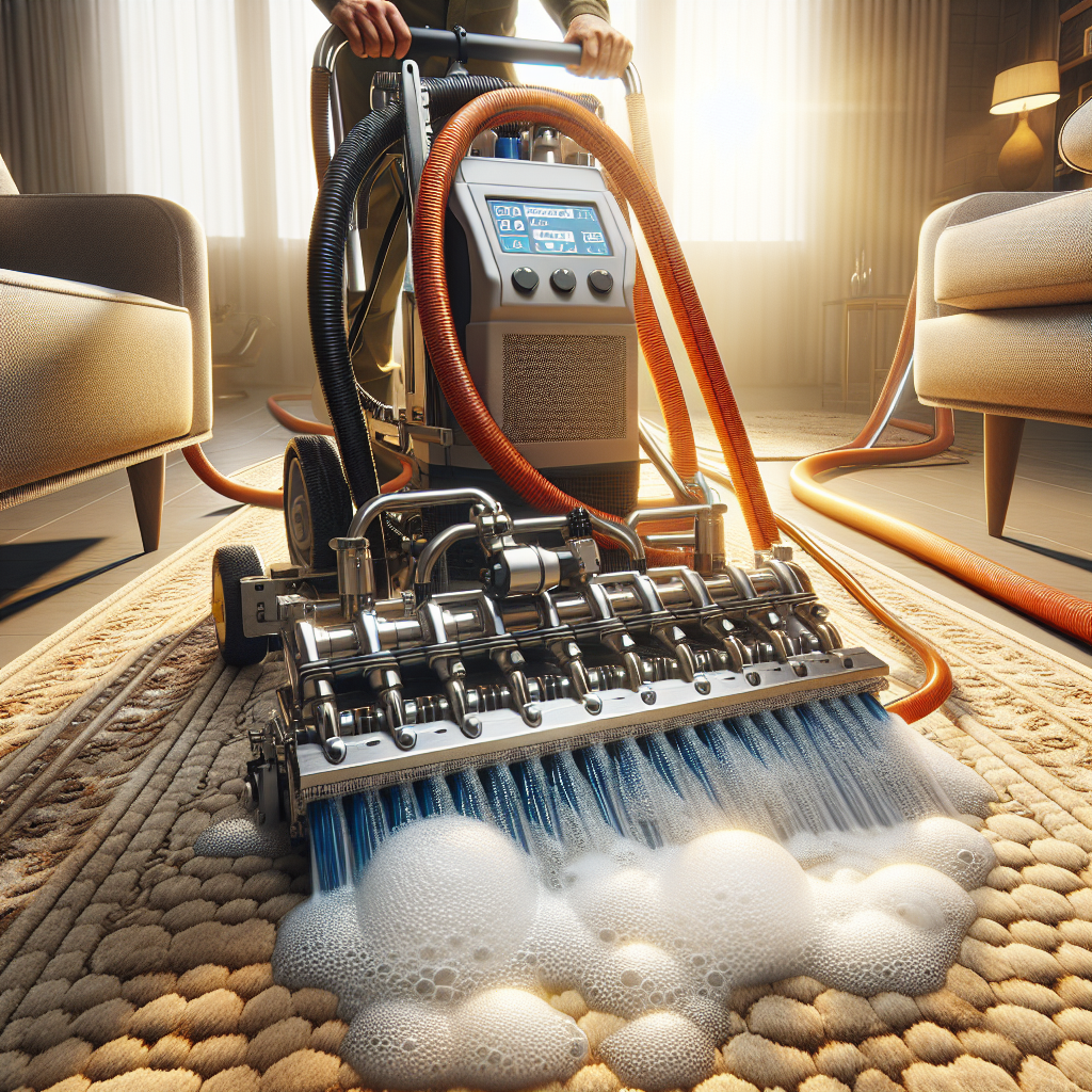 Close-up of a carpet being deeply cleaned by professional shampooing equipment, with a technician's hand guiding it in a well-appointed home environment.