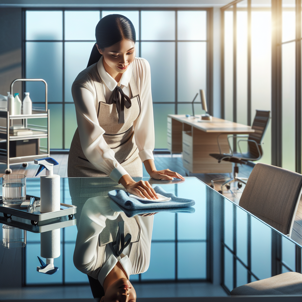 Professional cleaning service employee in a branded uniform cleaning a glass table in a well-lit office, with high-quality cleaning products on a cart.