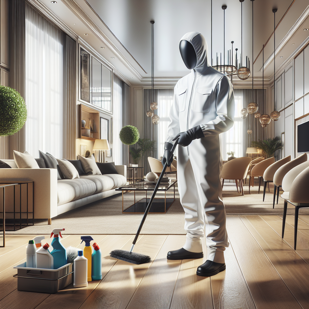 A realistic image of a cleaning service professional tidying up a modern and spacious living room, which conveys a feeling of comfort and cleanliness.