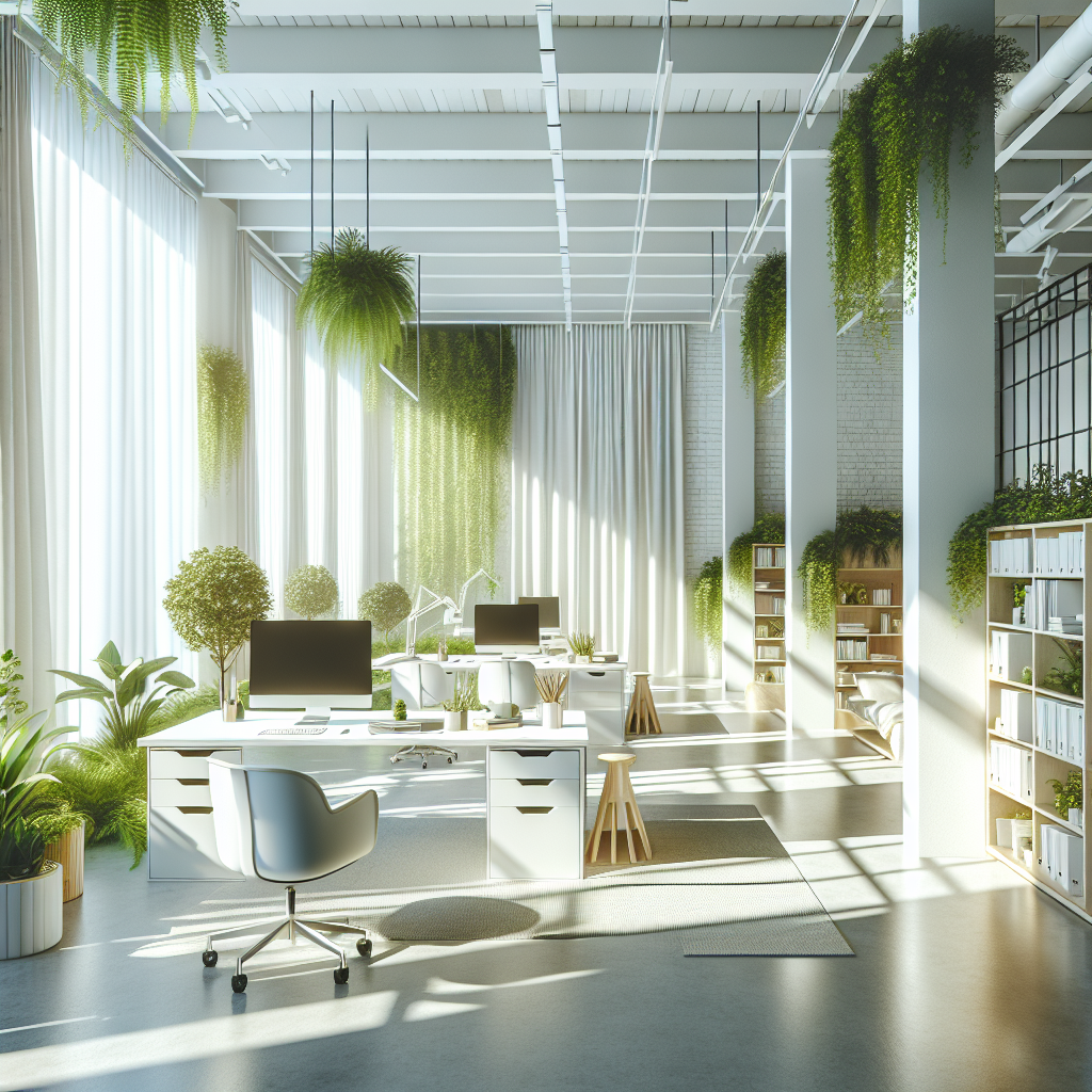 A clean and organized office space with modern furniture, plants, and bright natural light, free of people and text.