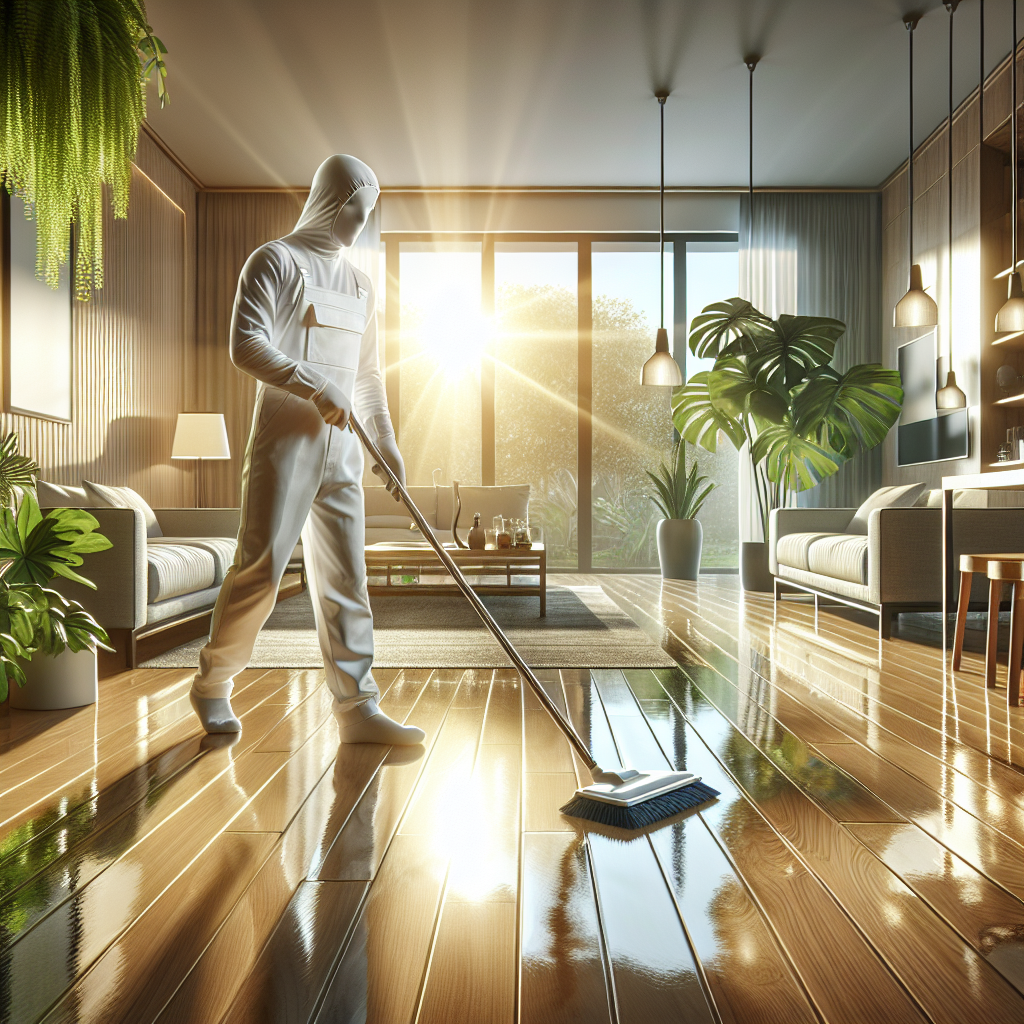 Spotless, modern living room being cleaned by a person in a white uniform with advanced cleaning tools, reflecting cleanliness and comfort.